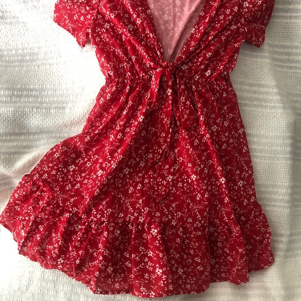 Red and white floral front tie dress